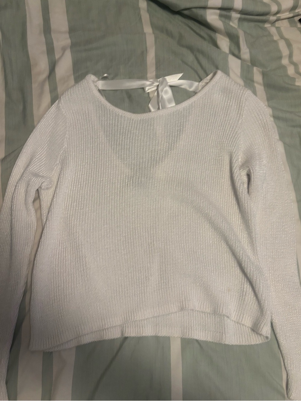 Divided Cream Crewneck Sweater with Back Ribbon